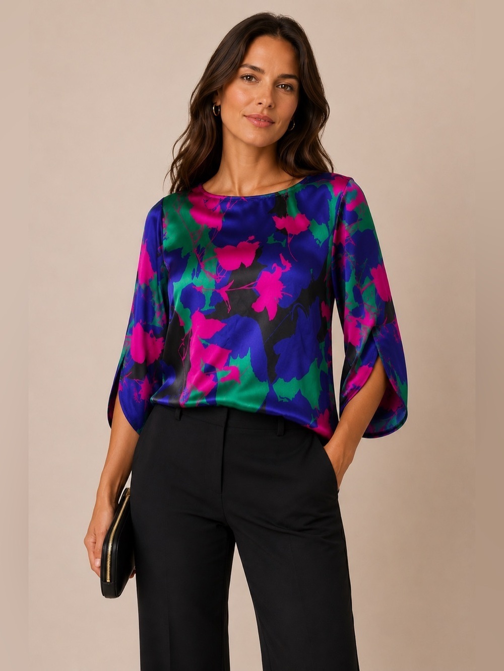 Talbots 100% Silk Floral Blouse Women’s Size 6 Blue Pink Green Tulip Sleeve Top